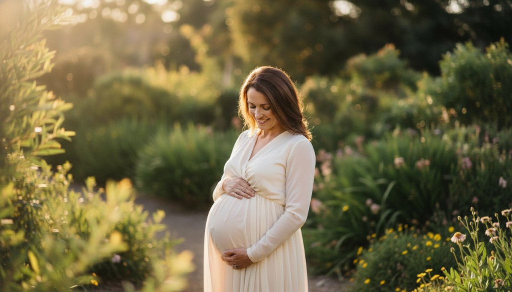 An epic, emotionally resonant Forest Hill maternity photography capturing glowing memories of a heavily pregnant woman at sunset in a vibrant botanical garden. She is silhouetted against the golden hour light, gently cradling her bump, with soft focus on surrounding native Australian flora and dramatic, professional colour grading.