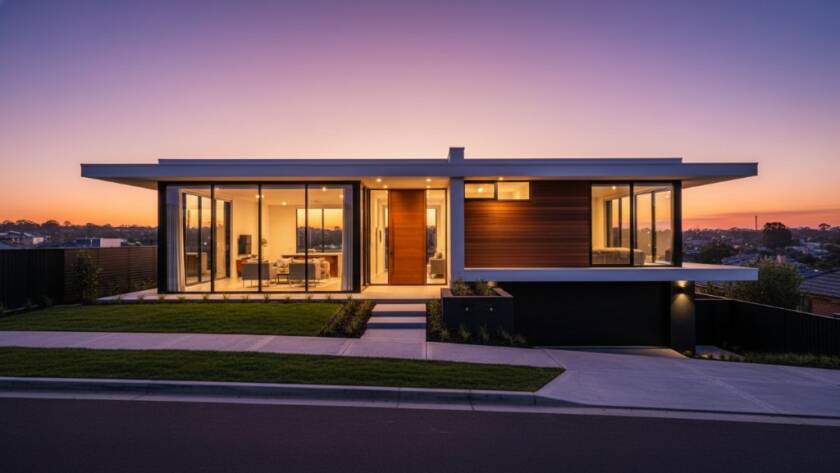 Dramatic, low-angle shot of a striking modern residential building in Forest Hill, Victoria, bathed in the golden hour light, highlighting its sleek lines and reflective surfaces. This Forest Hill modern architecture photography secrets image captures the dynamic interaction between nature and design, with a clear blue sky reflecting in the windows, showcasing the property as an epic moment of contemporary beauty.