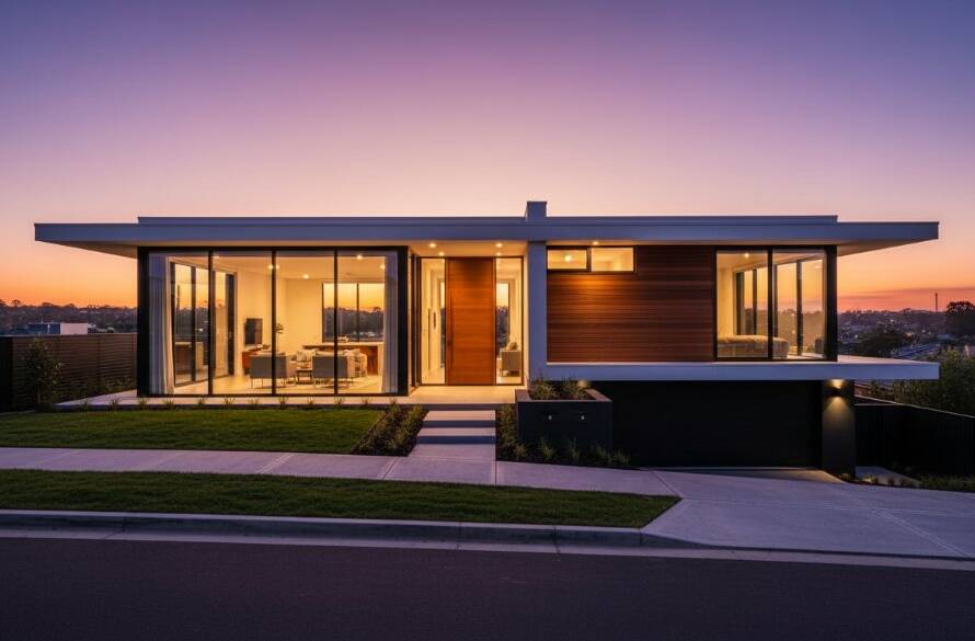 Dramatic, low-angle shot of a striking modern residential building in Forest Hill, Victoria, bathed in the golden hour light, highlighting its sleek lines and reflective surfaces. This Forest Hill modern architecture photography secrets image captures the dynamic interaction between nature and design, with a clear blue sky reflecting in the windows, showcasing the property as an epic moment of contemporary beauty.