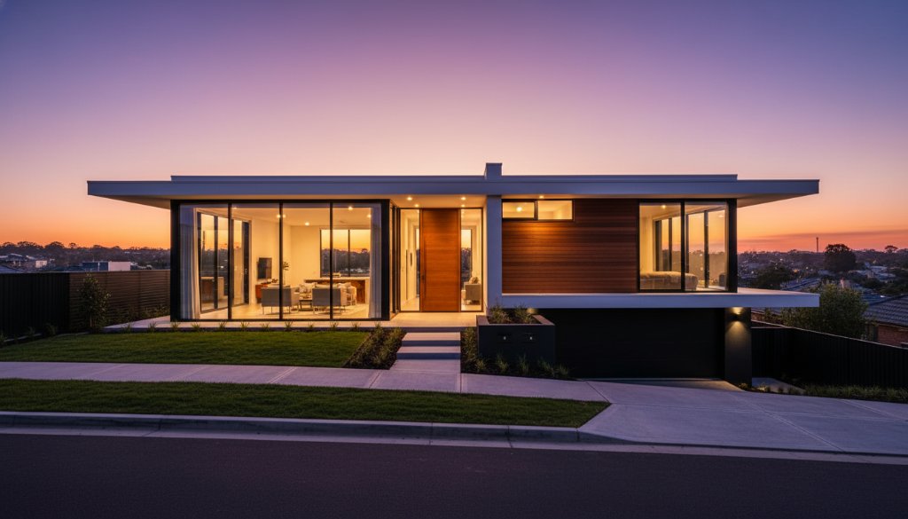Dramatic, low-angle shot of a striking modern residential building in Forest Hill, Victoria, bathed in the golden hour light, highlighting its sleek lines and reflective surfaces. This Forest Hill modern architecture photography secrets image captures the dynamic interaction between nature and design, with a clear blue sky reflecting in the windows, showcasing the property as an epic moment of contemporary beauty.