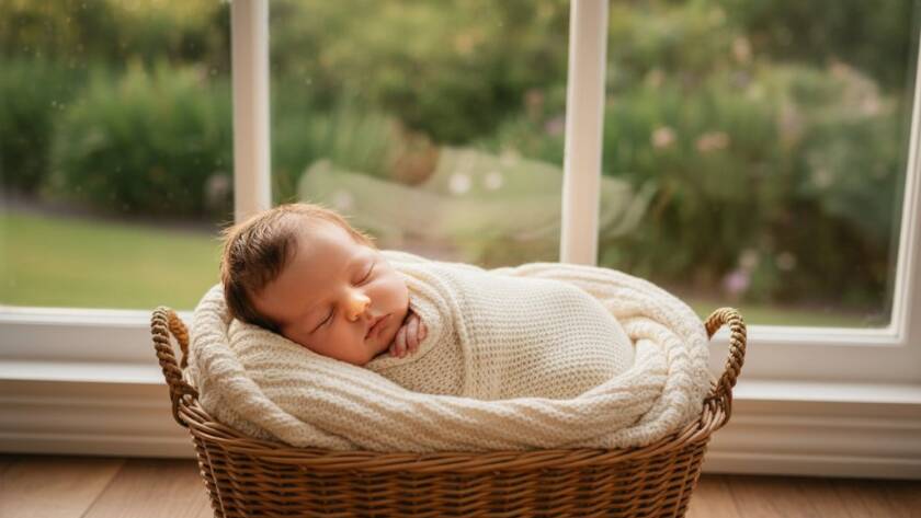A professional, cinematic photograph capturing Forest Hill newborn photography capture authentic moments, showing a baby nestled peacefully in a soft wrap, with gentle morning light filtering through a window in a serene Forest Hill home, reflecting pure innocence and love.