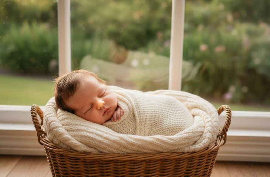 A professional, cinematic photograph capturing Forest Hill newborn photography capture authentic moments, showing a baby nestled peacefully in a soft wrap, with gentle morning light filtering through a window in a serene Forest Hill home, reflecting pure innocence and love.