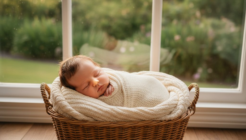 A professional, cinematic photograph capturing Forest Hill newborn photography capture authentic moments, showing a baby nestled peacefully in a soft wrap, with gentle morning light filtering through a window in a serene Forest Hill home, reflecting pure innocence and love.
