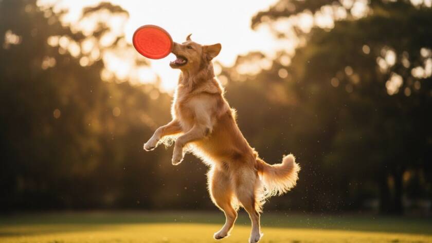 An epic moment of a golden retriever mid-leap, joyfully catching a frisbee in a sun-drenched Forest Hill park, demonstrating Forest Hill pet photography capturing joyful dog moments with dynamic action and professional colour grading.