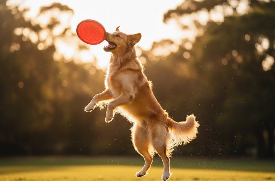 An epic moment of a golden retriever mid-leap, joyfully catching a frisbee in a sun-drenched Forest Hill park, demonstrating Forest Hill pet photography capturing joyful dog moments with dynamic action and professional colour grading.