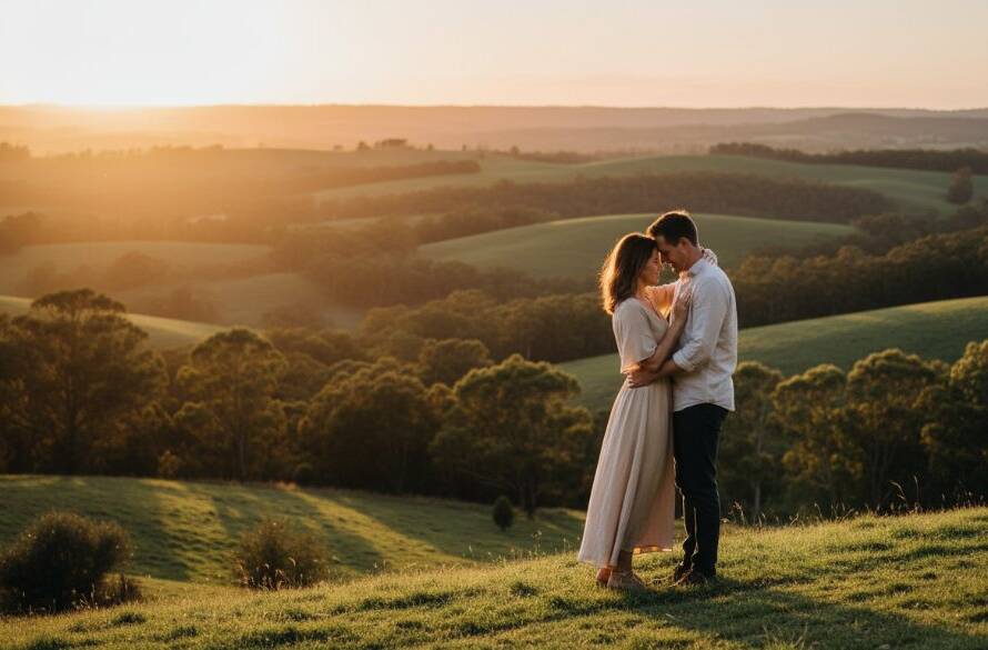 An engaged couple sharing a tender moment at sunset, bathed in golden light, overlooking the scenic greenery of Forest Hill, epitomizing Forest Hill pre-wedding photography magic.