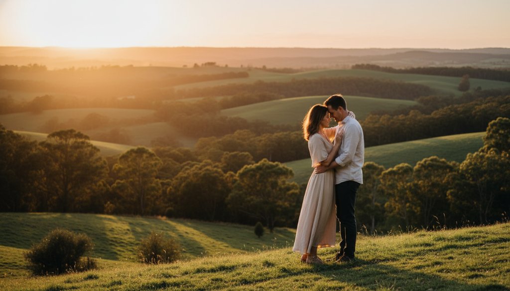 An engaged couple sharing a tender moment at sunset, bathed in golden light, overlooking the scenic greenery of Forest Hill, epitomizing Forest Hill pre-wedding photography magic.