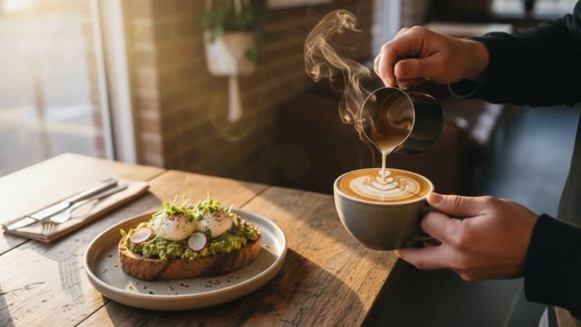 Dynamic, high-angle shot showcasing a beautifully plated brunch dish, with morning light streaming into a modern Forest Hill cafe, highlighting the exquisite details for professional cafe food photography.