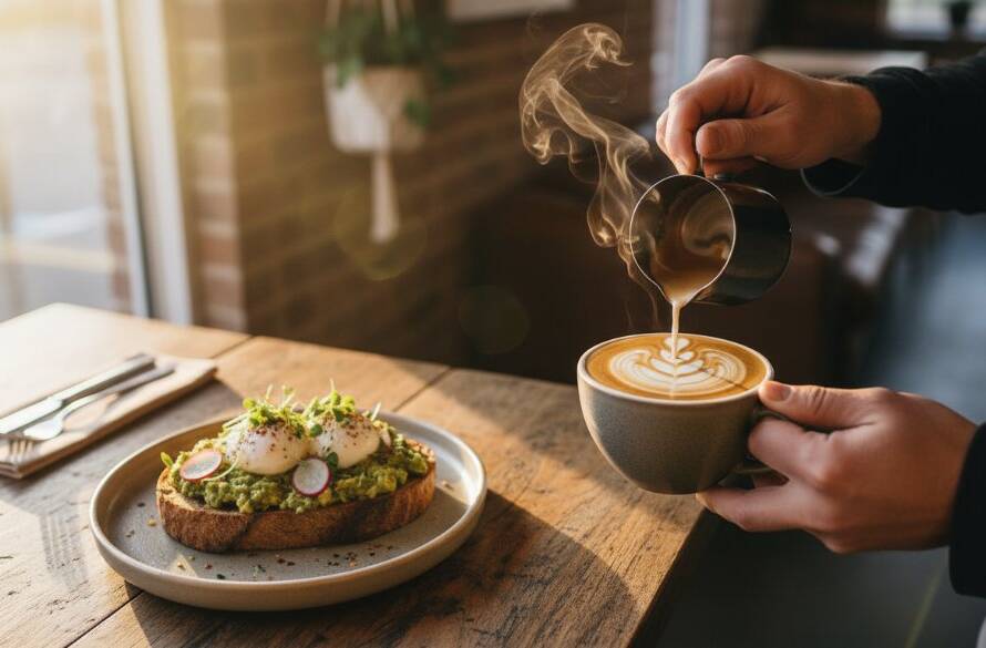 Dynamic, high-angle shot showcasing a beautifully plated brunch dish, with morning light streaming into a modern Forest Hill cafe, highlighting the exquisite details for professional cafe food photography.