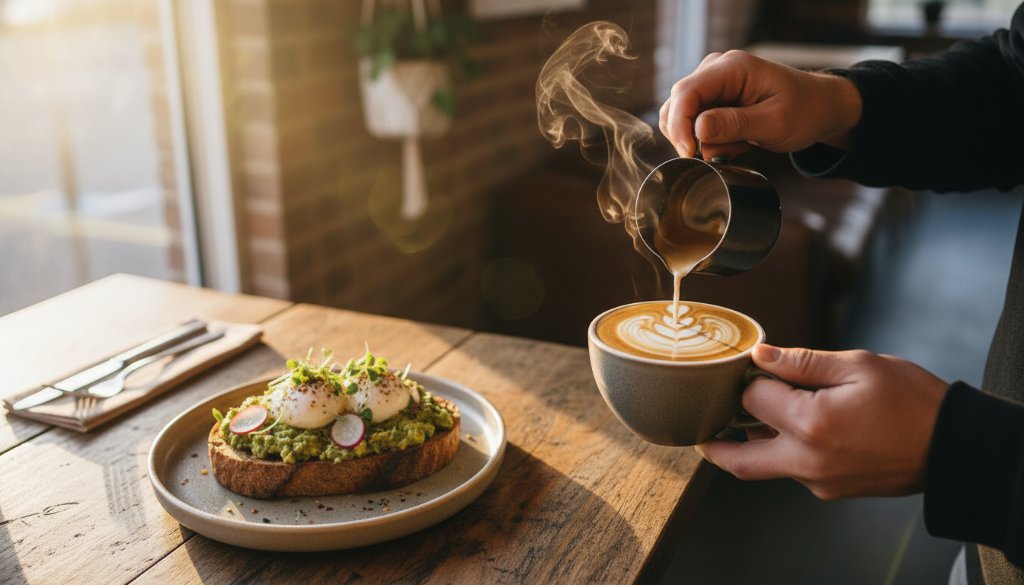 Dynamic, high-angle shot showcasing a beautifully plated brunch dish, with morning light streaming into a modern Forest Hill cafe, highlighting the exquisite details for professional cafe food photography.