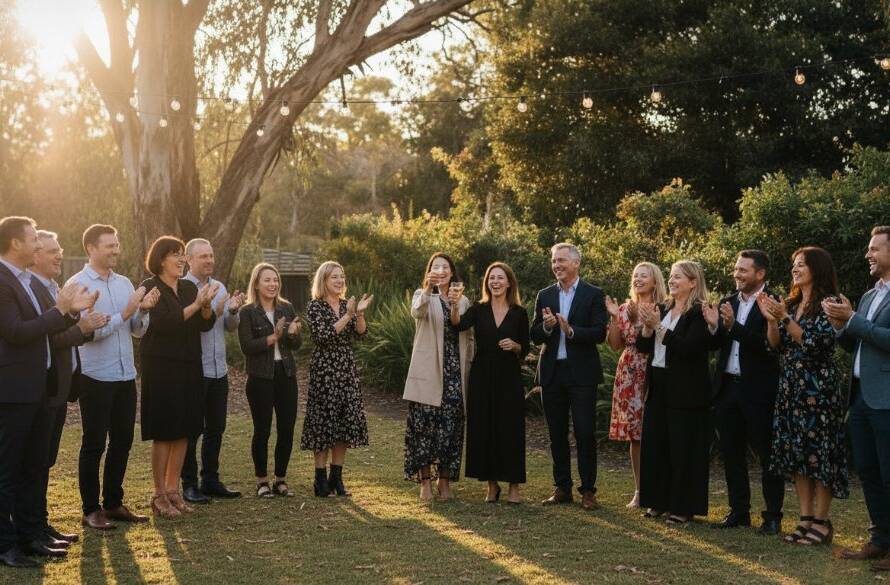 An epic moment captured through Forest Hill professional event photography for milestone celebrations, featuring guests laughing joyfully under string lights at a garden party in Forest Hill, Victoria, with a beautifully blurred background and warm, inviting colours.
