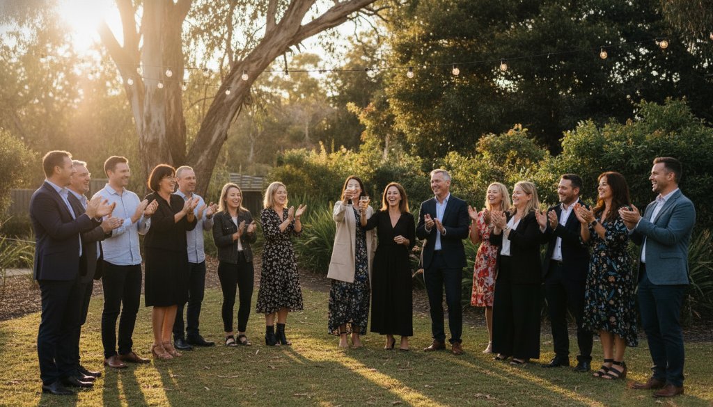 An epic moment captured through Forest Hill professional event photography for milestone celebrations, featuring guests laughing joyfully under string lights at a garden party in Forest Hill, Victoria, with a beautifully blurred background and warm, inviting colours.