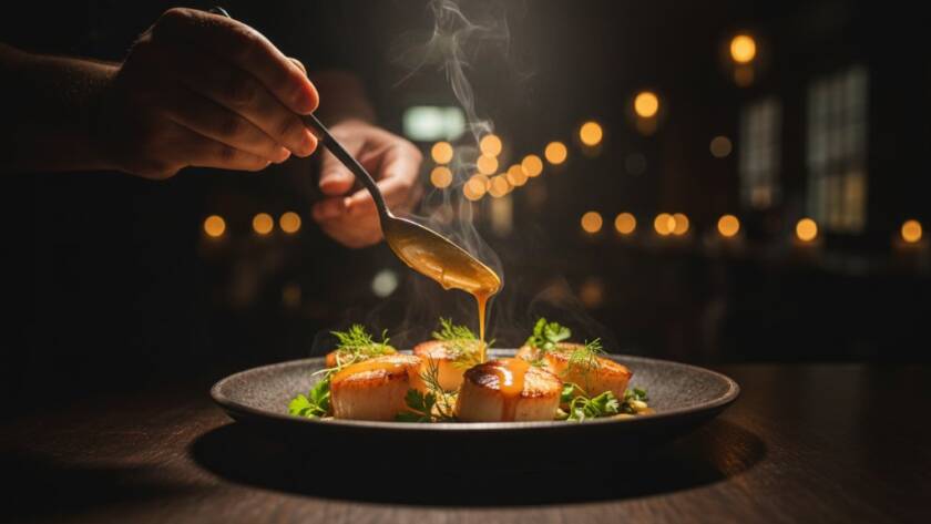 A chef meticulously garnishes a vibrant, artfully plated dish under dramatic spotlight, showcasing Forest Hill restaurant food photography secrets with steam gently rising, captured with cinematic flair.