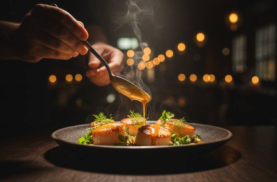 A chef meticulously garnishes a vibrant, artfully plated dish under dramatic spotlight, showcasing Forest Hill restaurant food photography secrets with steam gently rising, captured with cinematic flair.