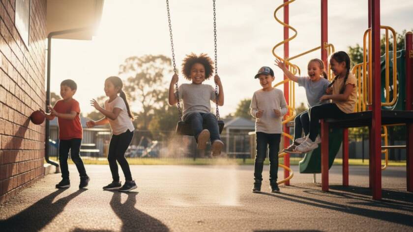 A vibrant, sun-drenched photograph of a group of primary school children in Forest Hill, Victoria, laughing and interacting naturally in a school playground, exemplifying Forest Hill school photography capturing genuine student smiles. The dramatic golden hour light illuminates their joyful faces, captured from a dynamic low angle, creating a professional, emotionally resonant 'epic moment'.