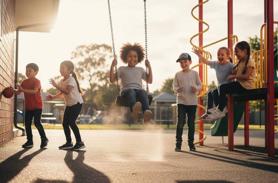 A vibrant, sun-drenched photograph of a group of primary school children in Forest Hill, Victoria, laughing and interacting naturally in a school playground, exemplifying Forest Hill school photography capturing genuine student smiles. The dramatic golden hour light illuminates their joyful faces, captured from a dynamic low angle, creating a professional, emotionally resonant 'epic moment'.