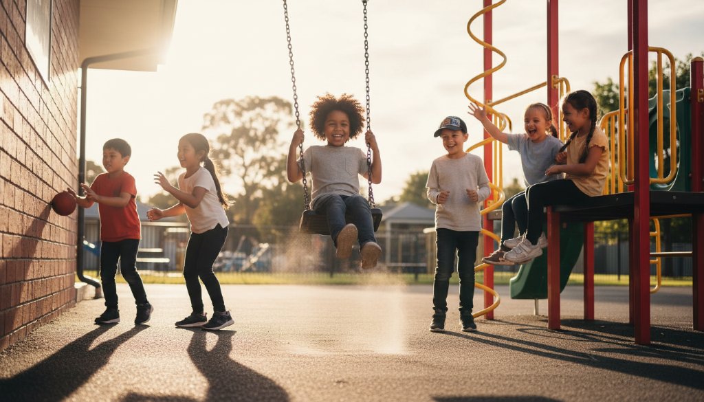 A vibrant, sun-drenched photograph of a group of primary school children in Forest Hill, Victoria, laughing and interacting naturally in a school playground, exemplifying Forest Hill school photography capturing genuine student smiles. The dramatic golden hour light illuminates their joyful faces, captured from a dynamic low angle, creating a professional, emotionally resonant 'epic moment'.