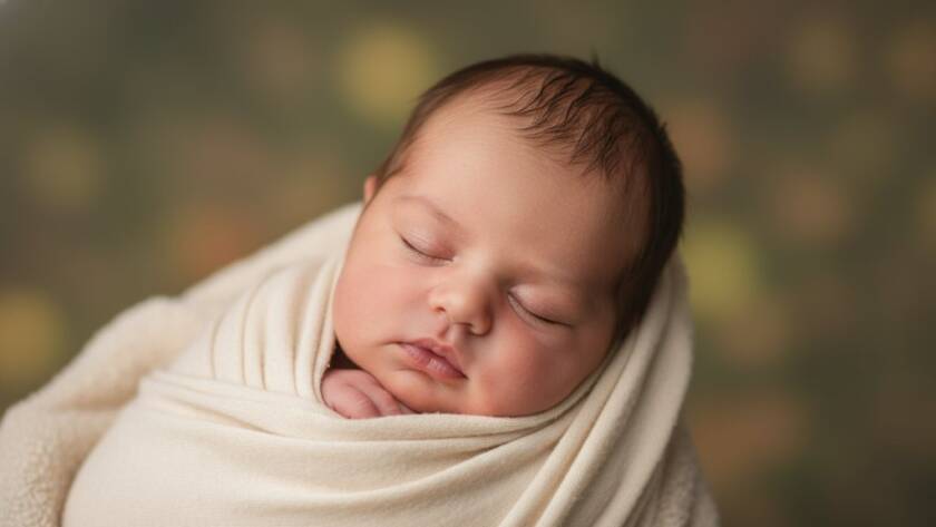 An emotionally captivating, professional photograph showcasing Forest Hill VIC bespoke newborn photography, featuring a serene baby nestled in a soft wrap, bathed in warm, ethereal light, evoking tenderness and new beginnings.