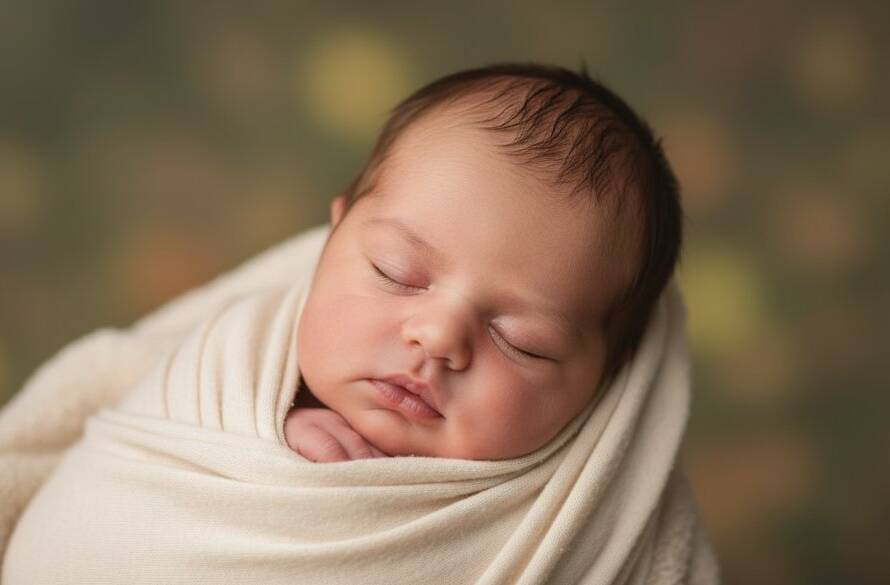 An emotionally captivating, professional photograph showcasing Forest Hill VIC bespoke newborn photography, featuring a serene baby nestled in a soft wrap, bathed in warm, ethereal light, evoking tenderness and new beginnings.