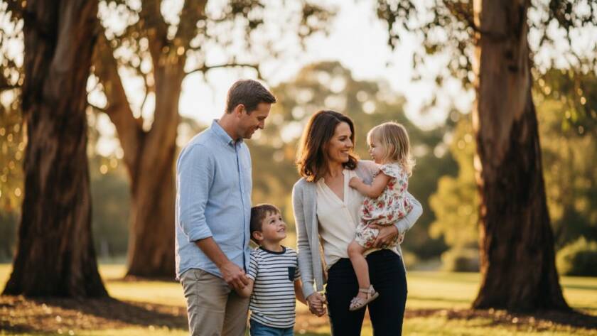 A stunning, color-graded fine art photograph capturing a candid, tender family moment in Forest Hill, Victoria, showcasing the ethereal beauty of a sunset, perfect for Forest Hill Victoria fine art photography portraits.