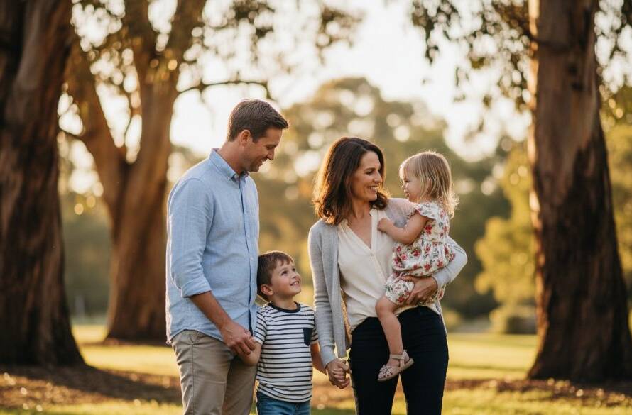 A stunning, color-graded fine art photograph capturing a candid, tender family moment in Forest Hill, Victoria, showcasing the ethereal beauty of a sunset, perfect for Forest Hill Victoria fine art photography portraits.