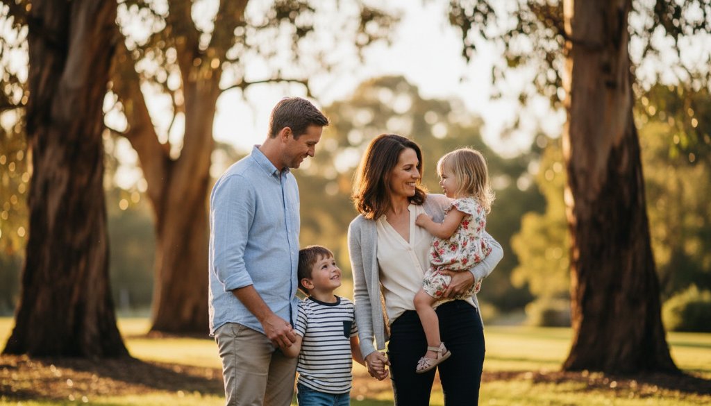 A stunning, color-graded fine art photograph capturing a candid, tender family moment in Forest Hill, Victoria, showcasing the ethereal beauty of a sunset, perfect for Forest Hill Victoria fine art photography portraits.