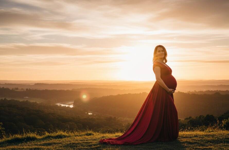 An ethereal Forest Hill Victoria maternity photography outdoor photoshoot featuring a radiant mother-to-be at sunset in a flowing gown, embracing her baby bump amidst dappled light, captured with dramatic, cinematic flair.