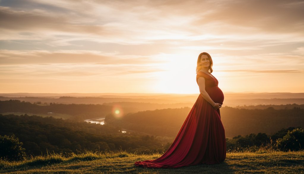 An ethereal Forest Hill Victoria maternity photography outdoor photoshoot featuring a radiant mother-to-be at sunset in a flowing gown, embracing her baby bump amidst dappled light, captured with dramatic, cinematic flair.