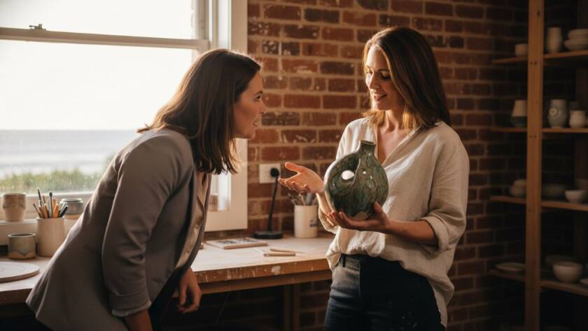 An energetic and vibrant Frankston business branding photography services shot, capturing a local entrepreneur passionately discussing their product with a client amidst the Frankston foreshore sunset, showcasing authentic brand interaction with dynamic lighting and professional colour grading.
