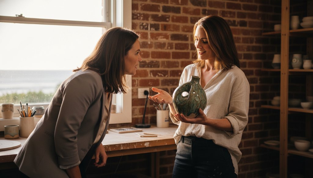 An energetic and vibrant Frankston business branding photography services shot, capturing a local entrepreneur passionately discussing their product with a client amidst the Frankston foreshore sunset, showcasing authentic brand interaction with dynamic lighting and professional colour grading.