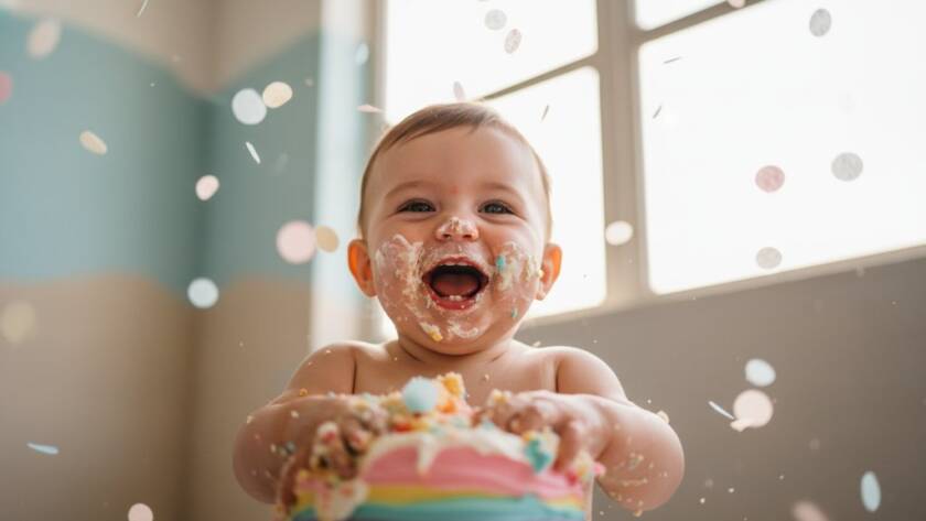 A close-up, joyful photograph capturing the Frankston Cake Smash Photography First Birthday Joy, with a baby covered in cake, laughing amidst colourful balloons and soft studio lighting.