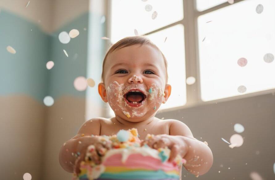 A close-up, joyful photograph capturing the Frankston Cake Smash Photography First Birthday Joy, with a baby covered in cake, laughing amidst colourful balloons and soft studio lighting.