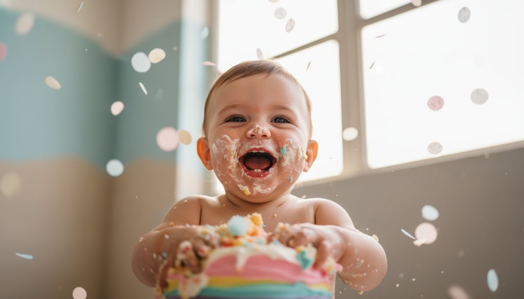 A close-up, joyful photograph capturing the Frankston Cake Smash Photography First Birthday Joy, with a baby covered in cake, laughing amidst colourful balloons and soft studio lighting.