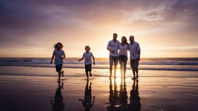 A Frankston family photography beach sunset memories captured at Long Island, Frankston, showing a joyous family silhouetted against a vibrant orange and purple sky, with children laughing and running towards the ocean, professionally color-graded with dramatic lighting.