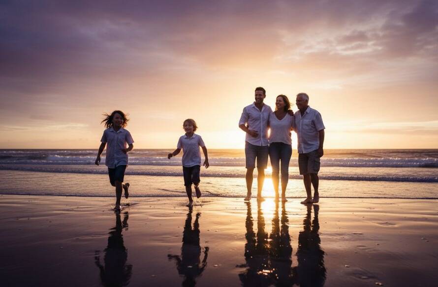 A Frankston family photography beach sunset memories captured at Long Island, Frankston, showing a joyous family silhouetted against a vibrant orange and purple sky, with children laughing and running towards the ocean, professionally color-graded with dramatic lighting.