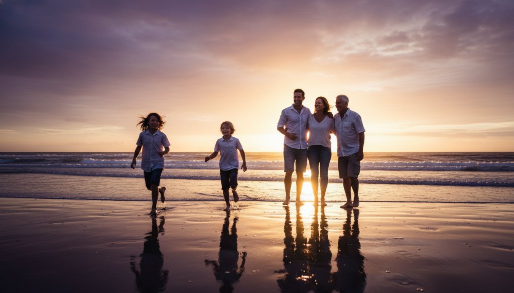 A Frankston family photography beach sunset memories captured at Long Island, Frankston, showing a joyous family silhouetted against a vibrant orange and purple sky, with children laughing and running towards the ocean, professionally color-graded with dramatic lighting.