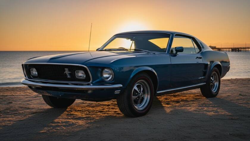 A powerful, low-angle shot of a meticulously restored vintage muscle car, gleaming under a dramatic sunset at Frankston Foreshore, highlighting professional Frankston Foreshore classic car photography Melbourne, with soft, golden light reflecting off its chrome and paintwork, conveying an epic moment of automotive majesty.