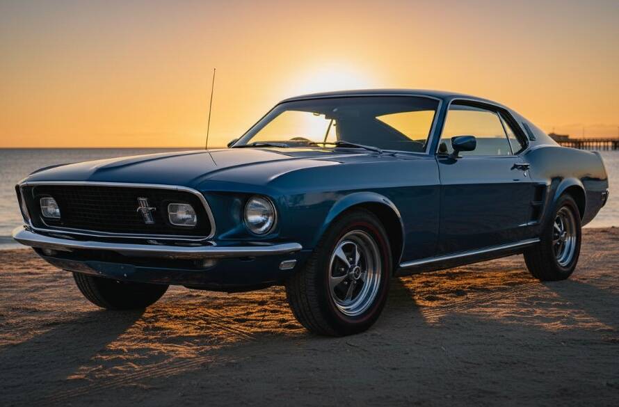 A powerful, low-angle shot of a meticulously restored vintage muscle car, gleaming under a dramatic sunset at Frankston Foreshore, highlighting professional Frankston Foreshore classic car photography Melbourne, with soft, golden light reflecting off its chrome and paintwork, conveying an epic moment of automotive majesty.