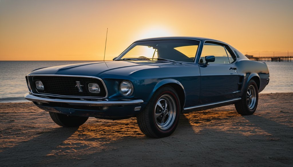 A powerful, low-angle shot of a meticulously restored vintage muscle car, gleaming under a dramatic sunset at Frankston Foreshore, highlighting professional Frankston Foreshore classic car photography Melbourne, with soft, golden light reflecting off its chrome and paintwork, conveying an epic moment of automotive majesty.