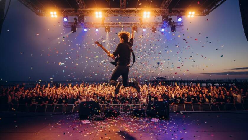 An electrifying wide-angle shot capturing the lead singer of a band mid-performance on an outdoor stage at a Frankston Foreshore concert, bathed in dramatic red and blue stage lighting, with a cheering crowd silhouetted in the foreground, perfectly illustrating Frankston Foreshore Concert Photography Dynamic Shots.