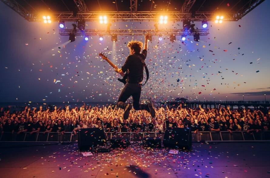 An electrifying wide-angle shot capturing the lead singer of a band mid-performance on an outdoor stage at a Frankston Foreshore concert, bathed in dramatic red and blue stage lighting, with a cheering crowd silhouetted in the foreground, perfectly illustrating Frankston Foreshore Concert Photography Dynamic Shots.
