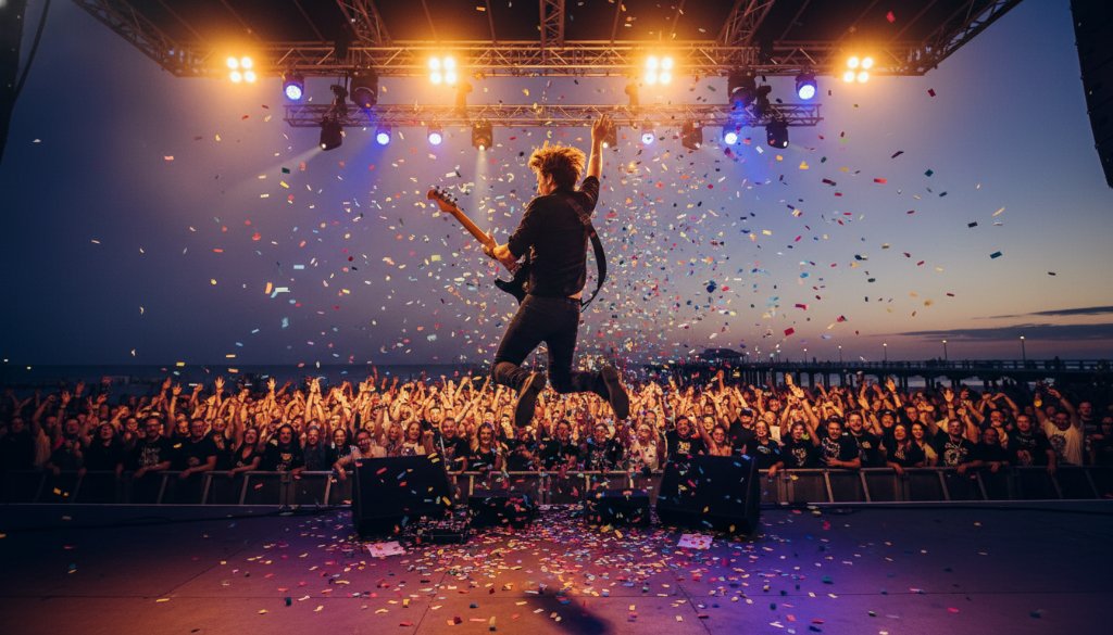 An electrifying wide-angle shot capturing the lead singer of a band mid-performance on an outdoor stage at a Frankston Foreshore concert, bathed in dramatic red and blue stage lighting, with a cheering crowd silhouetted in the foreground, perfectly illustrating Frankston Foreshore Concert Photography Dynamic Shots.