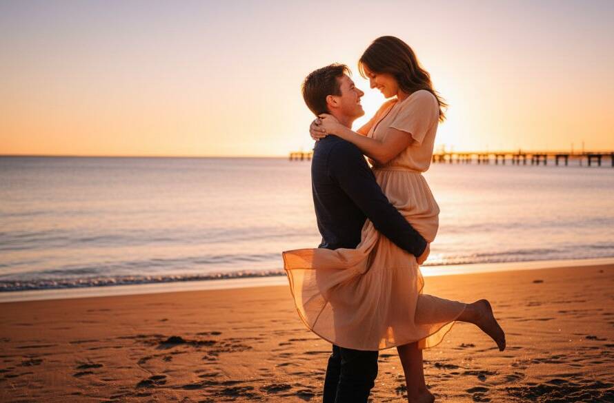 An epic moment of a couple embracing passionately at sunset on Frankston Foreshore, showcasing their frankston foreshore romantic engagement photography with dramatic golden light and crashing waves.