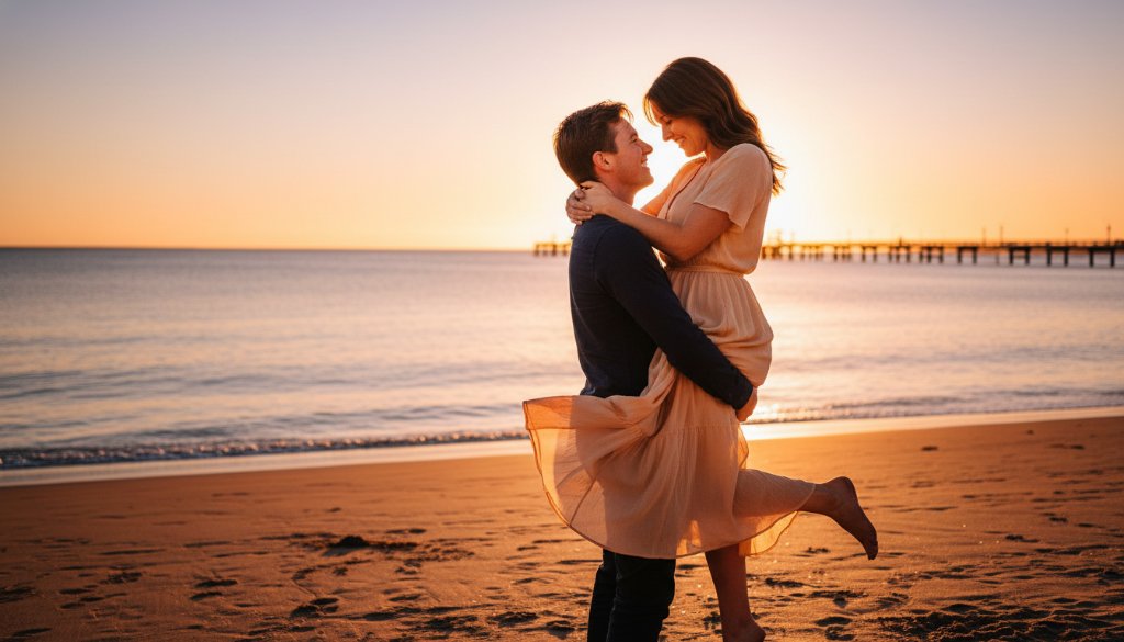 An epic moment of a couple embracing passionately at sunset on Frankston Foreshore, showcasing their frankston foreshore romantic engagement photography with dramatic golden light and crashing waves.