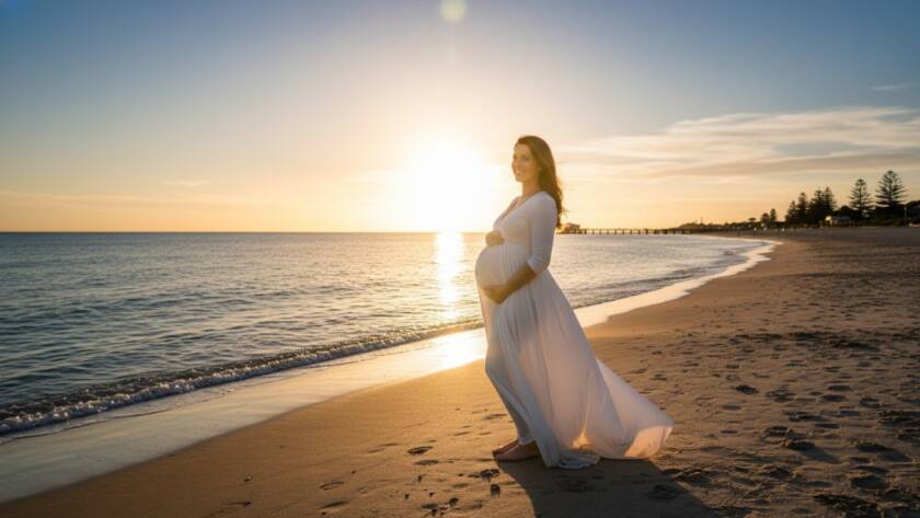 An expectant mother in a flowing gown stands silhouetted against a dramatic sunset at Frankston Beach during a Frankston Maternity Photoshoot Golden Hour Beach, with golden light shimmering on the water, capturing an epic, serene moment of her pregnancy journey.