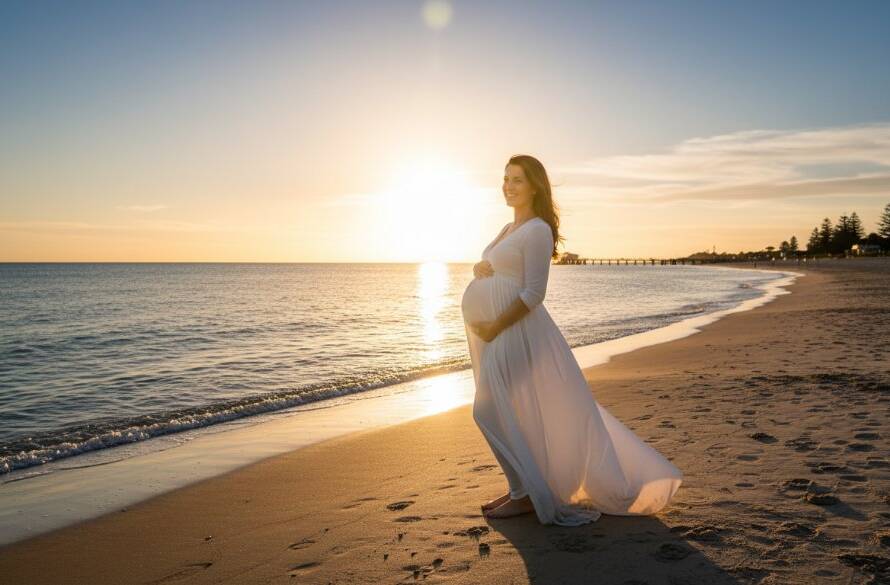An expectant mother in a flowing gown stands silhouetted against a dramatic sunset at Frankston Beach during a Frankston Maternity Photoshoot Golden Hour Beach, with golden light shimmering on the water, capturing an epic, serene moment of her pregnancy journey.