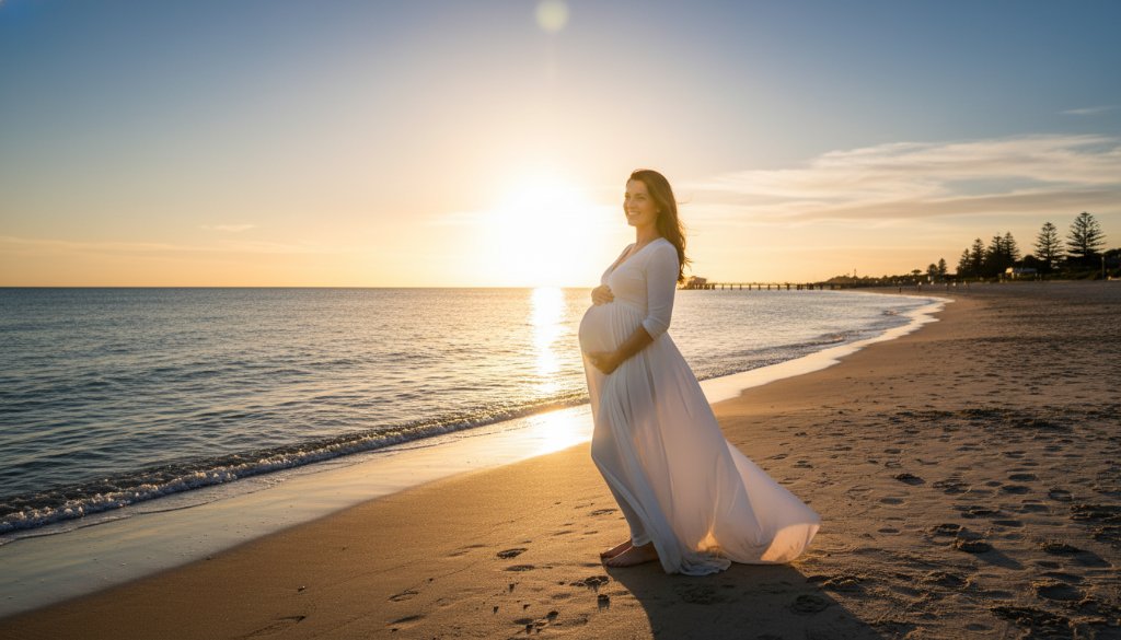 An expectant mother in a flowing gown stands silhouetted against a dramatic sunset at Frankston Beach during a Frankston Maternity Photoshoot Golden Hour Beach, with golden light shimmering on the water, capturing an epic, serene moment of her pregnancy journey.