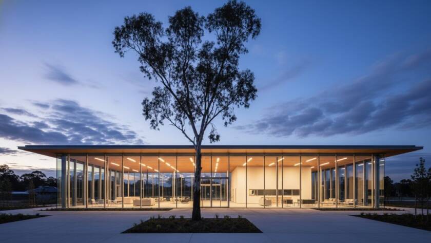 An epic moment photograph showcasing the striking modern facade of a community building in Frankston North, captured at twilight with dramatic lighting and a clear reflection, epitomising Frankston North architectural photography excellence.