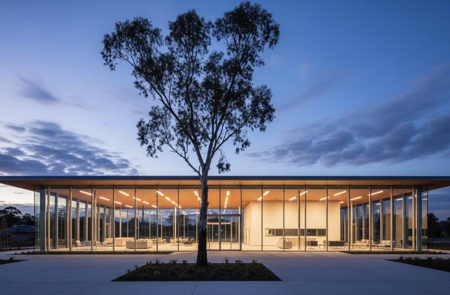 An epic moment photograph showcasing the striking modern facade of a community building in Frankston North, captured at twilight with dramatic lighting and a clear reflection, epitomising Frankston North architectural photography excellence.