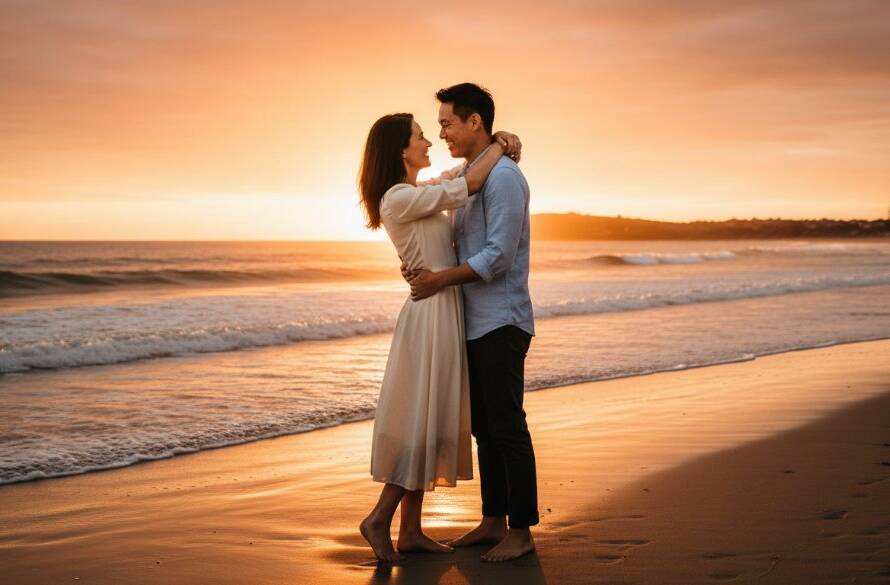 A couple embracing passionately during a stunning Frankston North beachfront engagement photography session at sunset, with dramatic golden light illuminating their faces and the gentle waves.